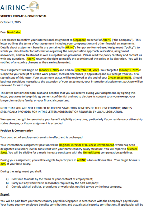 Assignee Letter sample