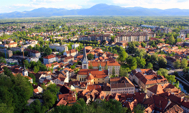 An aerial view of the old town area of Ljubljana