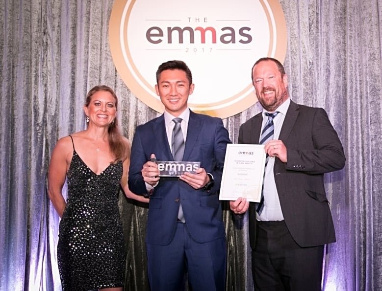 FEM Global Mobility Professional of the Year: Jason Tang from AIRINC. Photo (left to right): Sally Martin (FEM), Jason Tang (AIRINC), and Tim Wells (Equus).