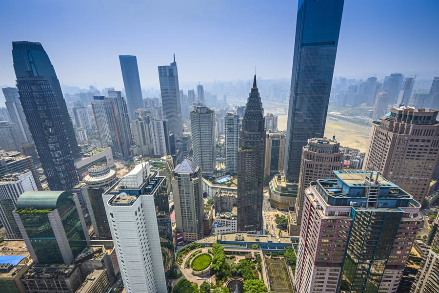 Chongqing, China financial district aerial skyline.