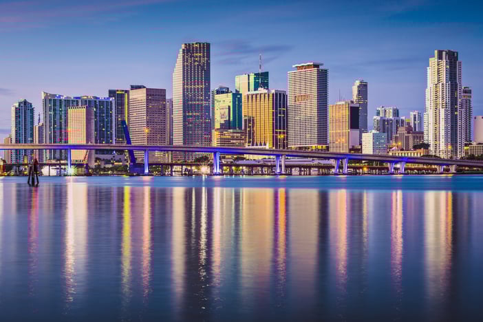 Miami, Florida, USA downtown skyline at dawn.