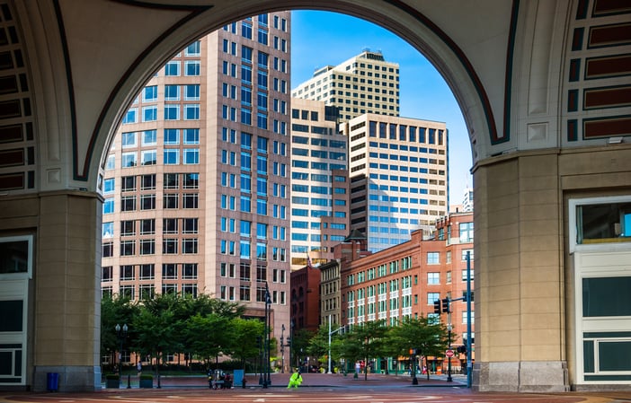 Looking through the arch at Rowes Wharf, in Boston, Massachusetts.