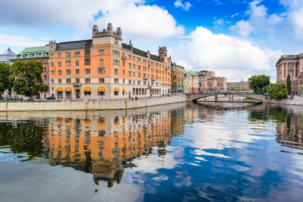 Stockholm, Sweden river cityscape.