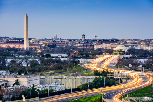 Washington, D.C. cityscape with Washington Monument and Jefferson Memorial.