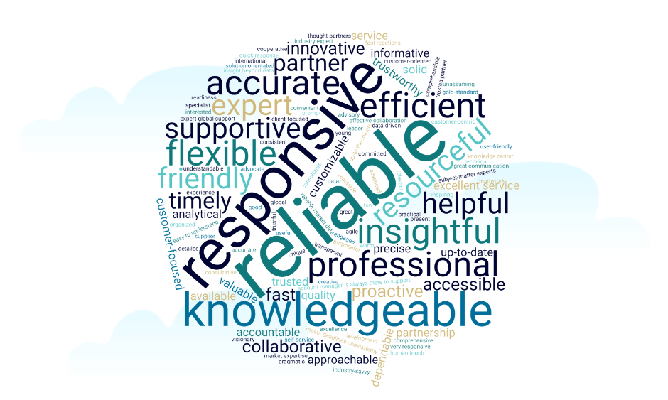 Image of the results from AIRINC's Client Satisfaction Survey in a word cloud