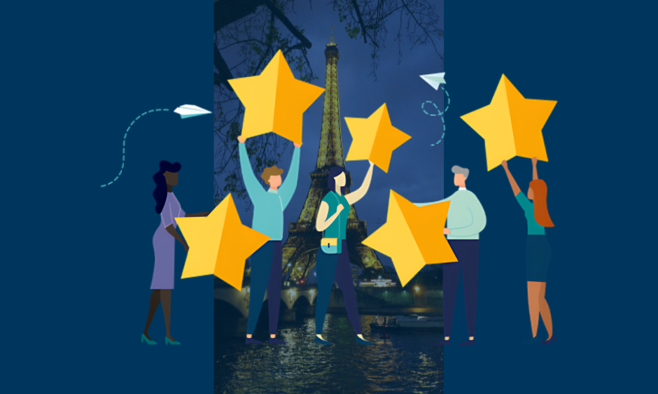 Image of Paris and people celebrating with gold stars