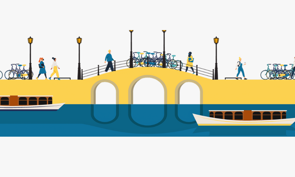 Image of a Dutch canal with illustrated people and boats