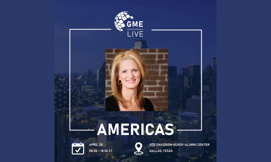 Sheri from AIRINC pictured on a background of the GME event in Dallas